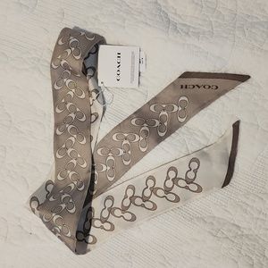 NWT 100%silk Coach skinny scarf grey birch new tie on purse or wear on neck